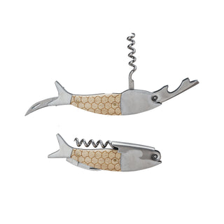 Two fish-shaped corkscrews on a white background