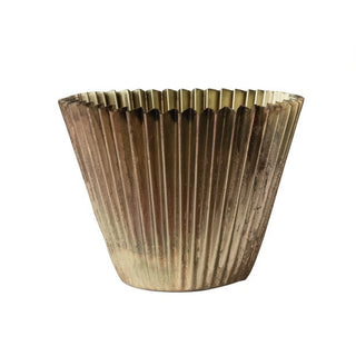 Two ribbed bronze planters on a white background