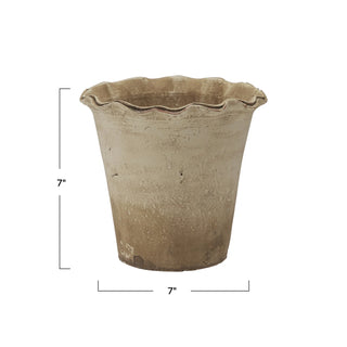 Brown ceramic planter with dimensions on a white background