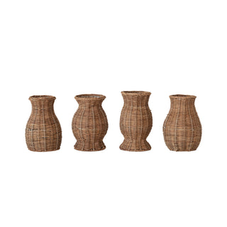 Four woven rattan planters of varying sizes on a white background