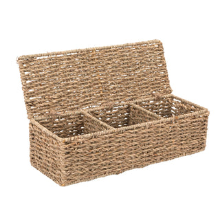 Woven storage basket with a lid on a white background