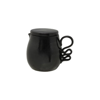1-1/2 Quart Textured Stoneware Pitcher with Lid & Abstract Handle, Black