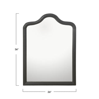Black-framed mirror with dimensions on a white background