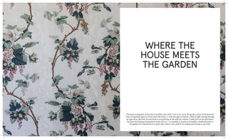Floral patterned fabric with text overlay 'WHERE THE HOUSE MEETS THE GARDEN'.