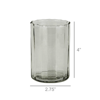 Clear glass vase with dimensions on a white background