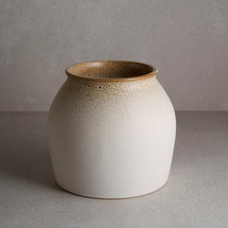 White ceramic vase with brown accents on a gray background