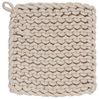 A square beige chunky-knit potholder with a thick braided loop on the top left corner, shown against a plain white background.