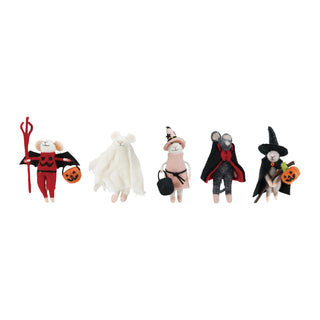 Five toy figures dressed in Halloween costumes on a white background