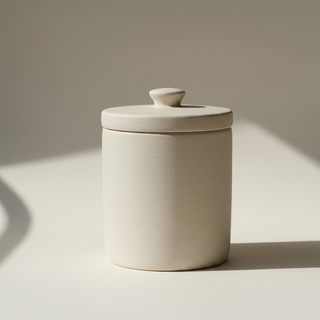A minimalist ceramic jar with a matching lid, featuring a textured matte finish in a warm off-white color, set against a neutral beige background with soft shadows.