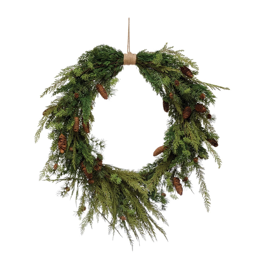 Faux Pine Wreath with Pinecones and Jute Hanger - FORD + ELM