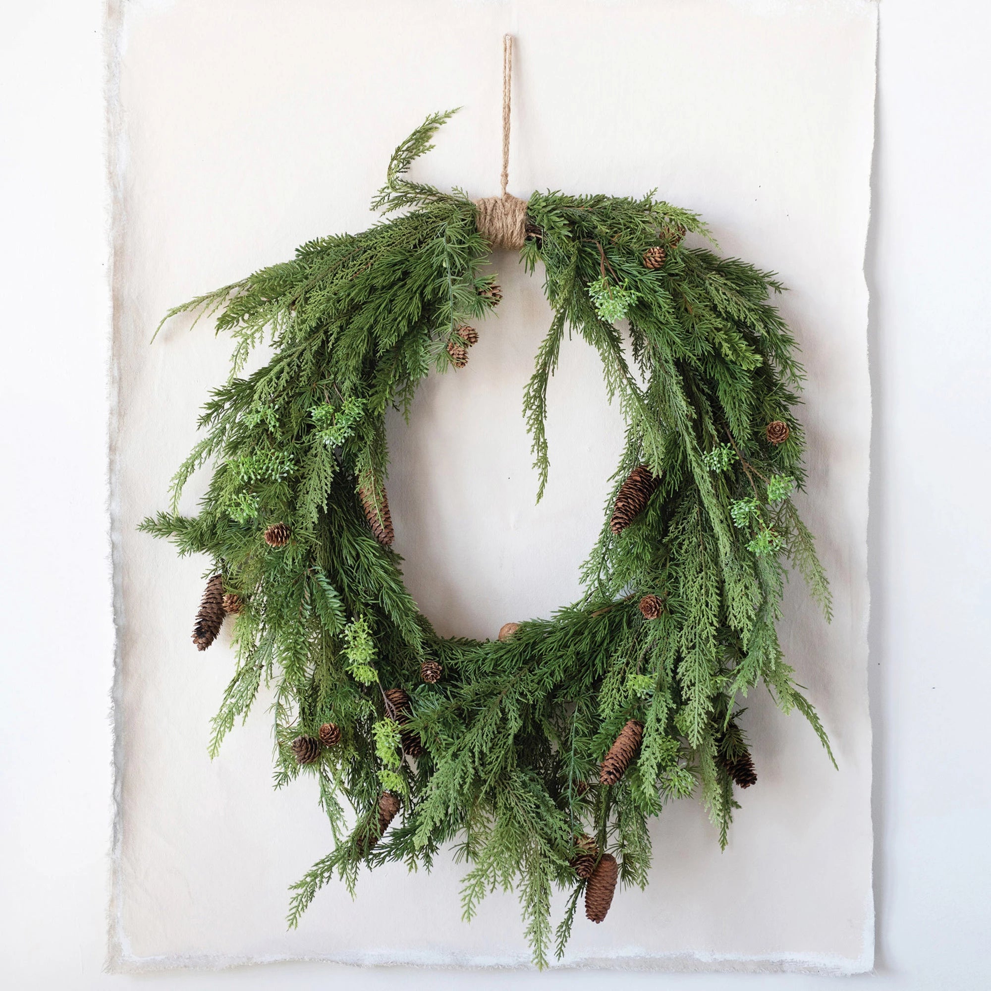 Faux Pine Wreath with Pinecones and Jute Hanger - FORD + ELM