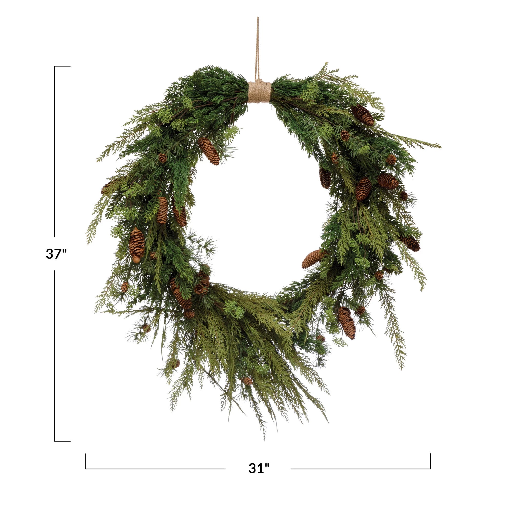 Faux Pine Wreath with Pinecones and Jute Hanger - FORD + ELM