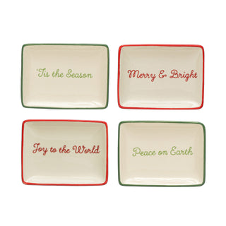 4"L x 3"W Stoneware Dish w/ Holiday Words & Red/Green Rim, Cream Color, 4 Styles